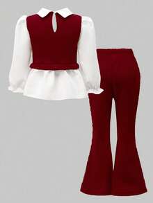 SHEIN ChillGRL 少女休闲衬衫套装，采用勃艮第蝴蝶结设计，珍珠串珠针织面料，白色长袖荷叶边下摆衬衫搭配勃艮第珍珠串珠针织喇叭裤，适合休闲、通勤、旅行、派对、拍照、返校季 - 彩色 - 查看 2