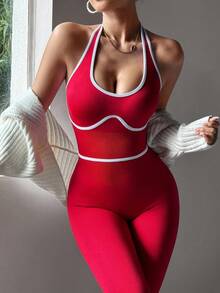 SHEIN Sports 女式露背挂脖镂空连体衣，适合日常健身和运动 - 酒紅色 - 查看 3
