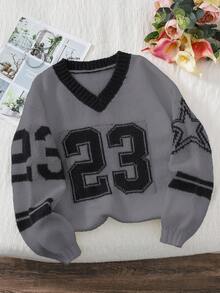 SLAYR Tween Girl Tween Girls' Casual Comfortable Black & Grey Numeric V-Neck Loose Knit Sweater Autumn Winter Clothes FGirlmen - Grey - View 4