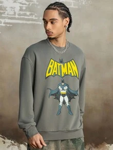 BATMAN X SHEIN Men's Casual Letter & Cartoon Graphic Crew Neck Sweatshirt, Autumn, Long Sleeve Top - Dark Grey - View 4