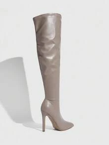 Daringsoles 女士弹力靴、细靴、尖头细高跟性感派对靴、过膝靴、PU 皮革棕色靴子、秋冬靴 - 灰色 - 查看 11