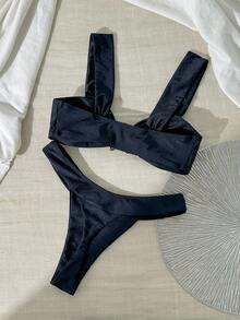 Swim Chiccia 女士纯色粗肩带金属装饰假日泳装套装 - 黑色 - 查看 4
