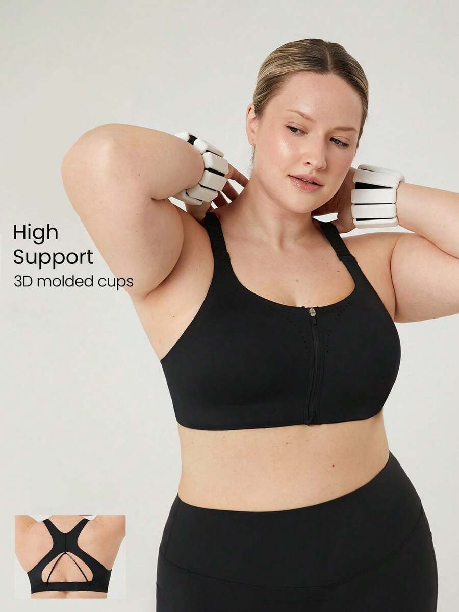 GLOWMODE Plus Medium Support Black Zip Front Buckle Up Racerback Wide Adjustable Strap Sports Bra Yoga Plus Size Sports Bra - Black - View 1