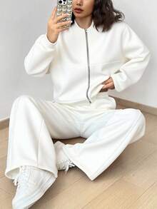 SHEIN Unity 女式休闲长袖上衣和裤子两件套服装 - 白色 - 查看 5