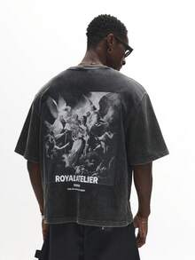 SUMWON The Royal Atelier Vintage Washed Cotton Tee Oversized Fit Renaissance Angel Art Print Medieval Graphic Gothic Streetwear Fashion Aesthetic - Black - View 5