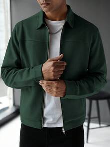 Manfinity Homme Men's Dark Green Casual Long Sleeve Regular Fit Plain Style Jacket With Collar And Zipper, Fall
