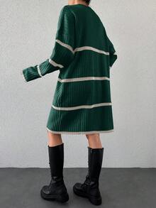 EURMUSE 女式休闲拼色条纹落肩针织连衣裙，秋冬 - 墨綠色 - 查看 2