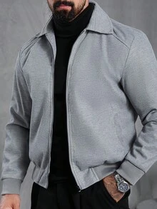 Manfinity Homme 男士秋冬华夫格针织开衫，翻领宽松休闲夹克，灰色百搭上衣 - 灰色 - 查看 6