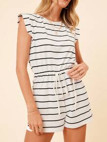 Coeurva 女式黑色背中空條紋連體褲 - 白色 - 查看 4