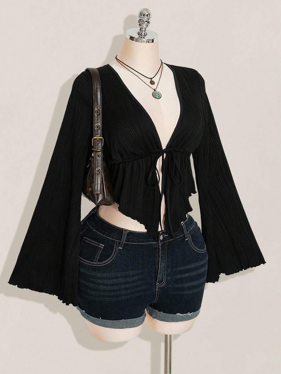 SHEIN ICON 女士大码秋冬保暖性感复古千禧风Y2K针织纹理面料前中蝴蝶结喇叭袖长袖不对称下摆黑色上衣 - 黑色 - 查看 1