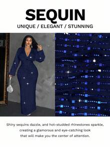 Maweii 大码女式优雅亮片深V领长袖连衣裙长款女装 - 藏蓝色 - 查看 3