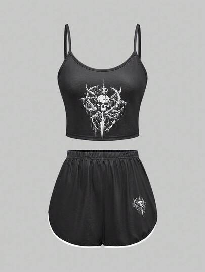 Gothic Skull & Cross Print Camisole & Shorts Pajama Set, Casual Loungewear