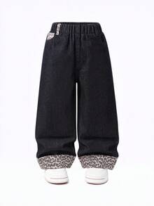 SUMWON Girls Wide Leg Baggy Jeans Leopard Print Cuff Elastic Waist Denim Pants Autumn Winter Fashion Bottoms - Dark Wash - View 1