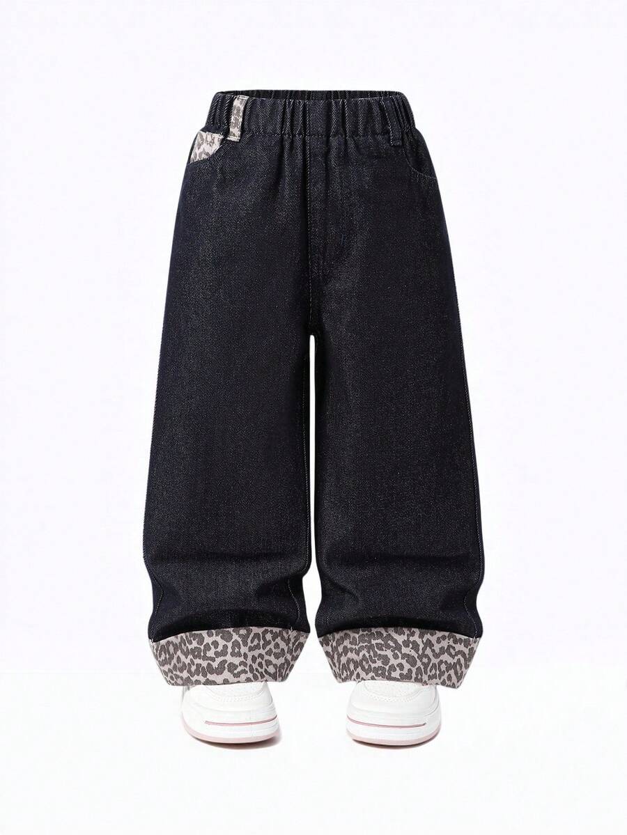 SUMWON Girls Wide Leg Baggy Jeans Leopard Print Cuff Elastic Waist Denim Pants Autumn Winter Fashion Bottoms - Dark Wash - View 1