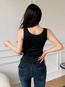 SHEIN LUNE Women's Crew Neck Fitted Padded Top, Warm And Fashionable For Autumn/Winter - Black - View 2