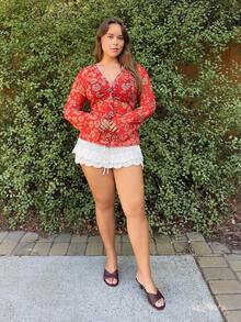 Nezia Cruz 女士度假印花衬衫，简约时尚休闲日常穿着 - 紅色 - 查看 3