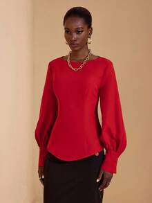 JIAN LASALA Solid Red Boat Neck Bishop Long Sleeves Back Tie Cutout Elegant Top Women Autumn Red Concert Top Backless Red Top Red Backless Top Luxury Stylish Collection - Red - View 4