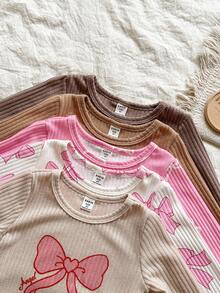 SHEIN Vintaside Kids 5件装女童可爱罗纹蝴蝶结印花圆领长袖T恤 - 粉色 - 查看 3