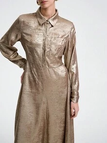 SHEIN Stylify 女士优雅高端正式办公室通勤休闲曲线商务休闲装节日下午茶日常聚会宾客连衣裙，金属面料衬衫领前开腰 A 字开衩设计长袖袖口系带长裙 - 金色 - 查看 3