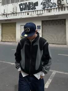 Manfinity EMRG Herren Jacke, Hemdkragen Farbblock Lässig Pendler Foto, Herbst/Winter, Sherpa Stoff - Schwarz - Übersicht 3