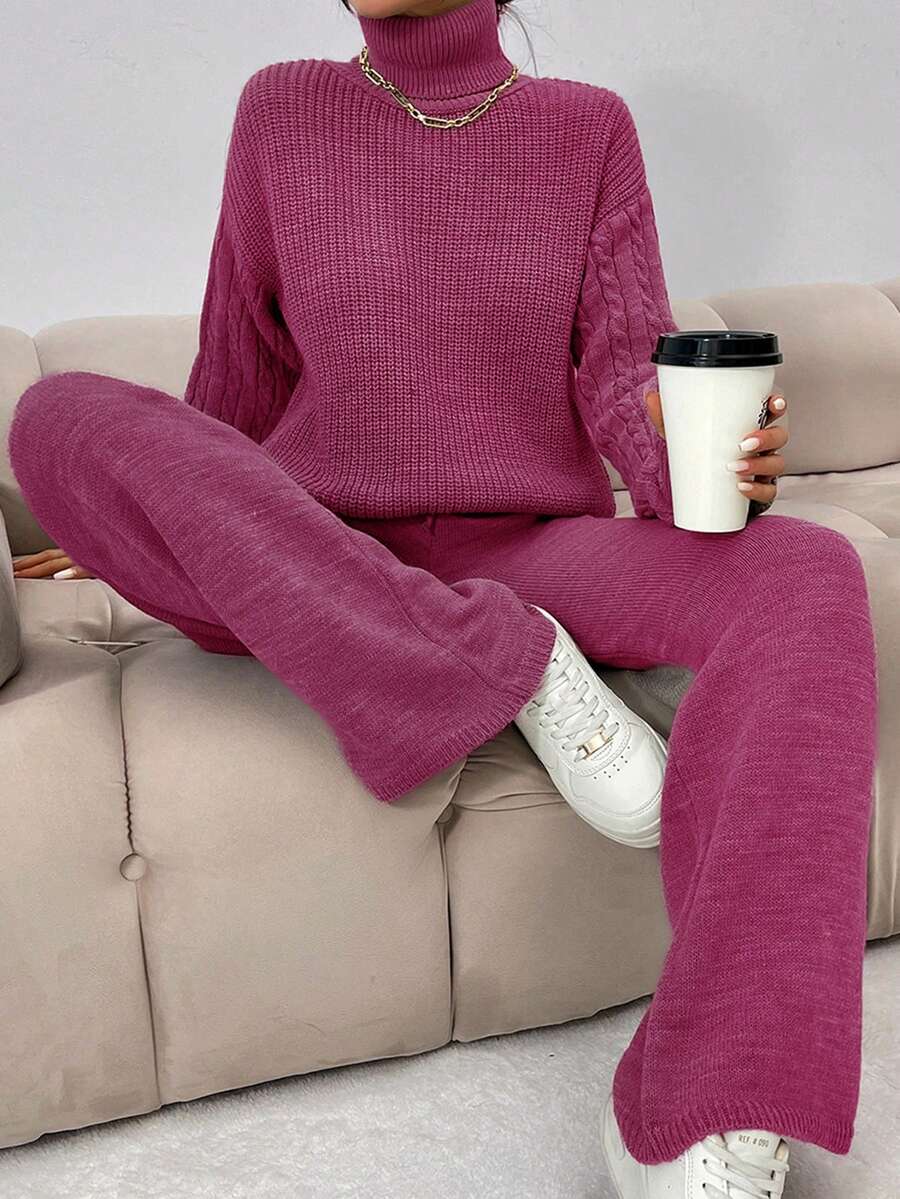 EURMUSE High Neck Drop Shoulder Sweater And Knit Pants Set
