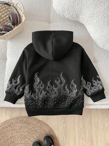 SHEIN 少女拉链卫衣，春季黑色宽松长款连帽卫衣，饰有火焰水钻印花，长袖上衣，适合毕业季、返校季、毕业典礼等场合，长袖拉链卫衣，长袖外套，酷炫街头风，日常穿着，校园日常，休闲可爱，母女/姐妹装，万圣节，Y2K女孩，时尚单品。 - 黑色 - 查看 5