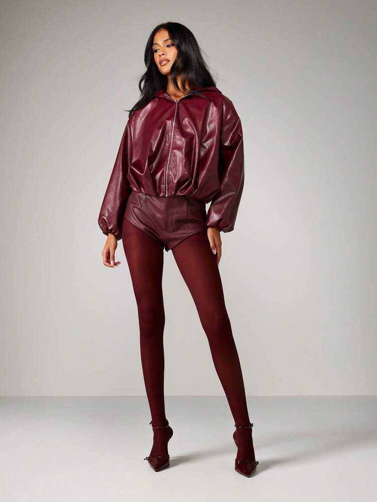 MISSGUIDED Hooded Leather Bomber Jacket With Puff Sleeves Christmas