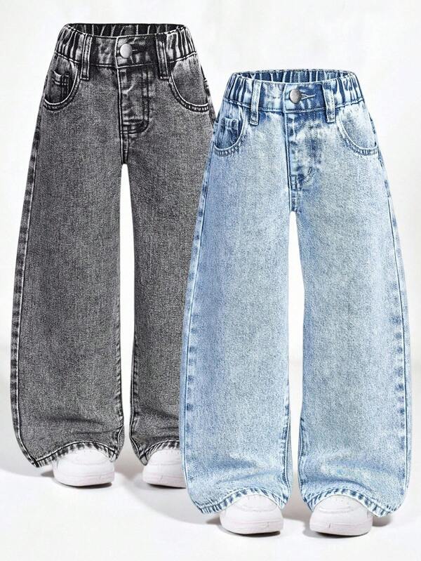 SHEIN 2pcs Girls' All-Match Versatile Straight Leg Wide Leg Jeans, Loose Comfortable Casual Denim Pants, Suitable For Spring/Autumn, Holiday Outfit Chic Outfits For Autumn/Winter Fall