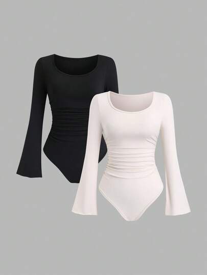 SHEIN PETITE 女式休闲纯色简约圆领喇叭袖紧身衣