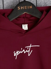 SHEIN Young Boy 勃艮第酒红色休闲舒适连帽长袖运动衫和宽松印花运动裤套装，秋冬 - 酒紅色 - 查看 4