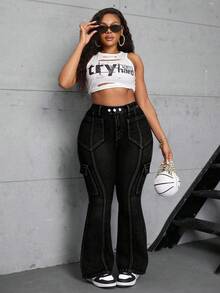 SHEIN SXY Blugi elastici evazați pentru femei, mărime mare, de iarnă - Negru - Vizualizare 7