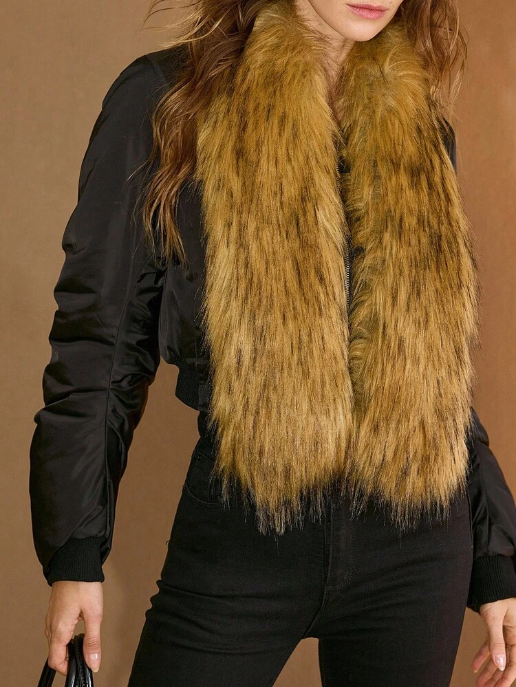 CONTRAST FUZZY TRIM WINTER COAT