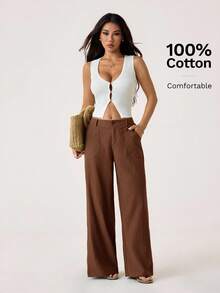 SHEIN PETITE 100% 水洗纯棉低腰直筒裤 - 棕色 - 查看 8