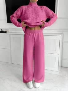 Bộ đồ hai mảnh áo len cổ cao và váy len dài cho nữ 2 món - Hồng - Xem 5