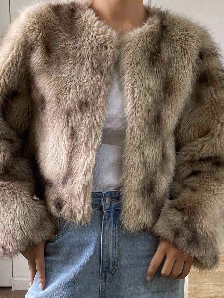 Women's Contrast Color Long Sleeve Open Front Fluffy Winter Jacket Women Coats