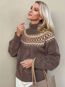 Livesso Pull oversize à col roulé avec motif Fair Isle pour femmes