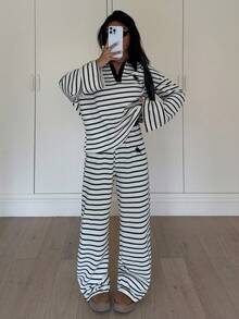 Siren Gaze 女款提花騎士圖案黑白條紋長袖上衣與長褲2件式居家套裝，舒適秋季休閒日常睡衣套裝，秋季 - 彩色 - 查看 2