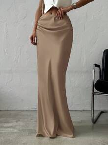 Firerie Váy maxi satin trơn màu đa năng, thanh lịch, lãng mạn, tối giản, dành cho nữ, màu mơ, thu/đông - Màu nâu  Mocha - Xem 5