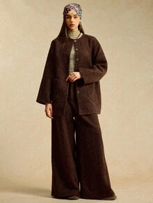 Easelle 秋冬休闲宽松口袋长袖女式外套 - 咖啡棕 - 查看 6