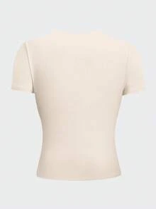 INAWLY 卡其色加大码女式修身圆领 T 恤 - 卡其色 - 查看 2