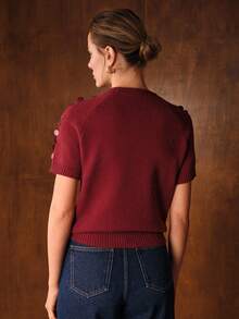 MOTF PREMIUM FASHIONABLE VERSATILE SEQUIN EMBELLISHED SHORT SLEEVE KNIT TOP - Red - View 4