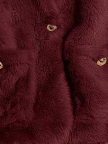Franclia 女式休闲前扣双口袋仿皮草夹克，秋冬 - 酒紅色 - 查看 3