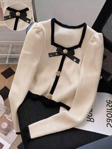 GlowEve 时尚新款拼色方领泡泡袖亮片蝴蝶结玫瑰金属纽扣长袖针织二合一女式短款 T 恤，适合派对、节日、圣诞节、万圣节、度假、约会 - 杏色 - 查看 1