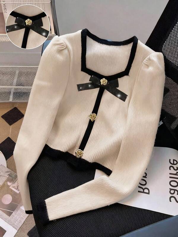 GlowEve Camiseta corta de mujer de manga larga de punto con cuello cuadrado de color block, mangas abullonadas, lentejuelas, lazo y botón de metal rosa, 2 en 1, adecuada para fiesta, vacaciones, Navidad, Halloween, vacaciones, citas