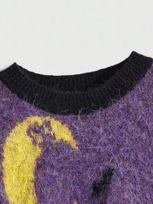 ROMWE Goth 黑暗童话风格的紫色月亮毛衣，毛绒绒的针织上衣，舒适氛围，秋冬 - 紫色 - 查看 3