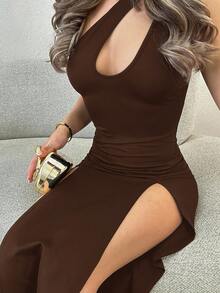 Jemour Đầm Maxi hở vai không tay màu trơn hở cổ bất đối xứng gợi cảm cho nữ mùa hè - Rỉ Nâu - Xem 3