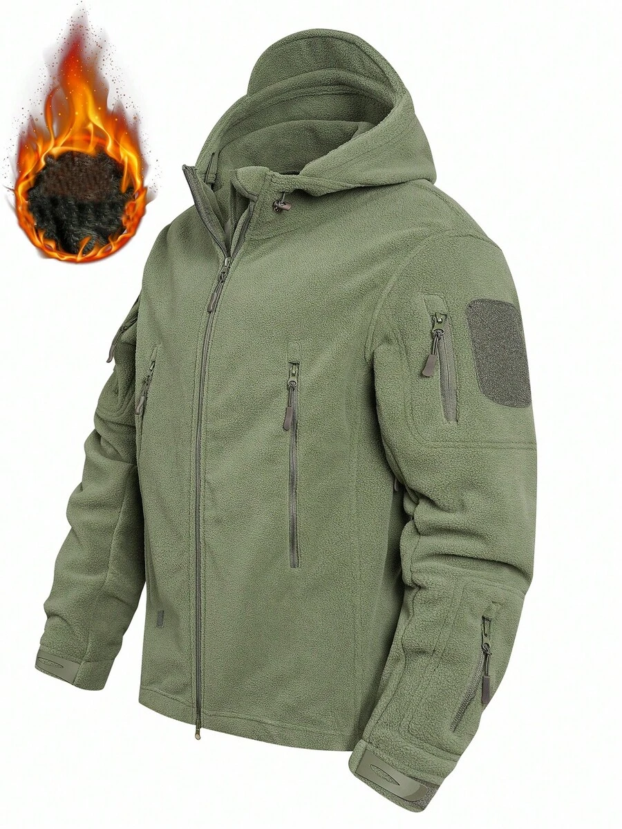 Manfinity Homme Men's Autumn/Winter Zip-Up Hooded Fleece Jacket, Casual - Army Green - View 1