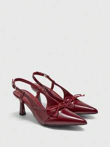 CUCCOO BIZCHIC Pointed Toe Stiletto Heel Bowknot Burgundy Backless Fashionable Minimalist Women's High Heel Pumps - Burgundy - View 6
