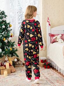 Girl's Cute Christmas Sleep Set,Autumn Black And Red Christmas Tree Cookies Printed Pattern Long Sleeved Contrasting Collars Tops And Matching Pants - Black - View 2