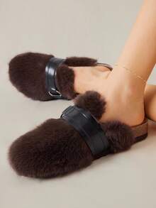 Solecia 女士平底一脚蹬乐福鞋，休闲毛绒鞋，时尚百搭舒适，咖啡棕色，秋冬 - 咖啡棕 - 查看 7